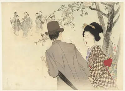 Man met bolhoed en paraplu en dame in kimono