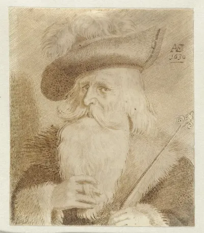 Man met bontkraag, hoed en staf