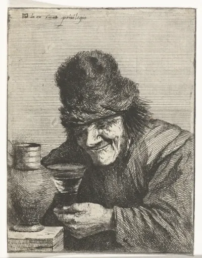 Man met bontmuts en kruik wijn