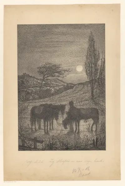 Man met drie paarden in een landschap