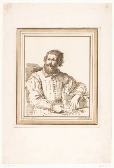 Man met een baard voor een tafel met munten