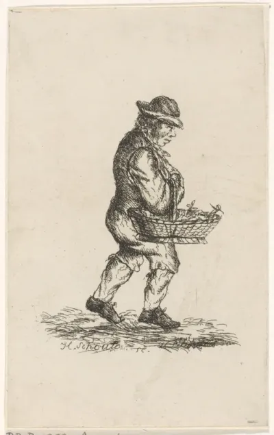 Man met een hengselmand aan de arm