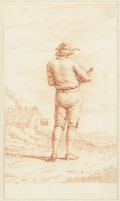 Man met een kruik, op de rug gezien, in een landschap