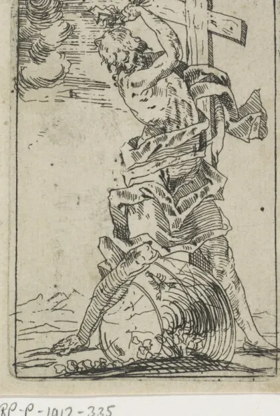 Man met een kruis onder de arm en bliksemschicht in de hand