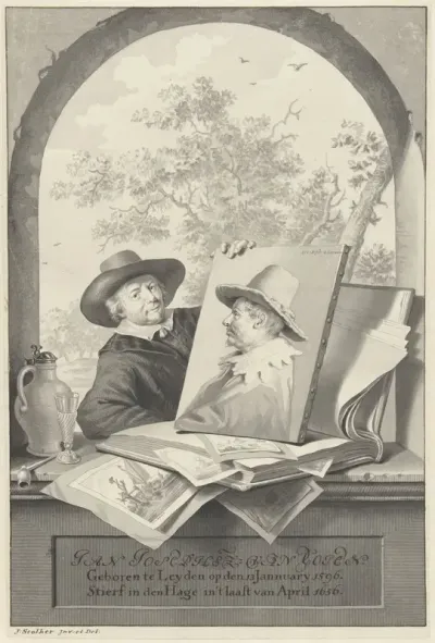 Man met een map met tekeningen en een portret van Jan van Goyen