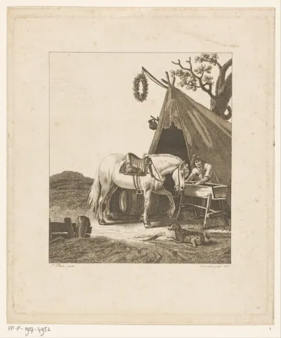 Man met een paard bij voederbak