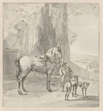 Man met een paard en twee honden bij een park