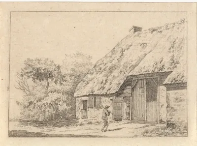 Man met een spade bij een boerderij