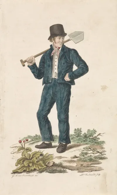 Man met een spade over zijn schouder