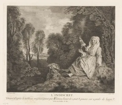 Man met fluit en vrouw met spoel in een landschap