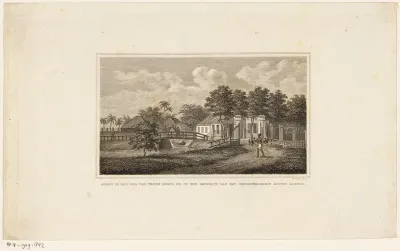 Man met gevogelte bij een huis in een tropisch land