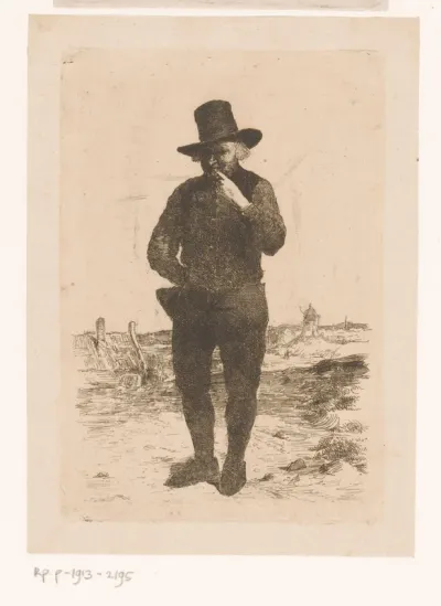 Man met hoge hoed in een landschap