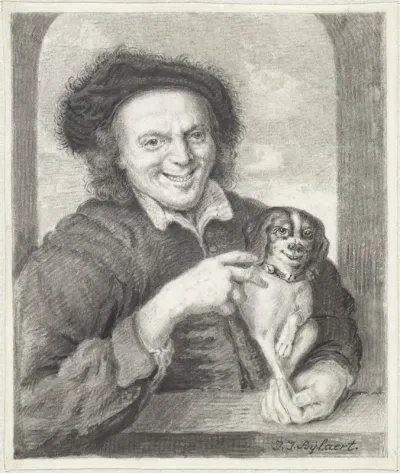 Man met hond in venster