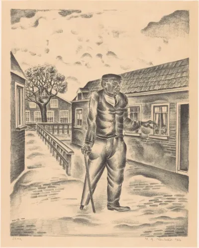 Man met houten been en wandelstok