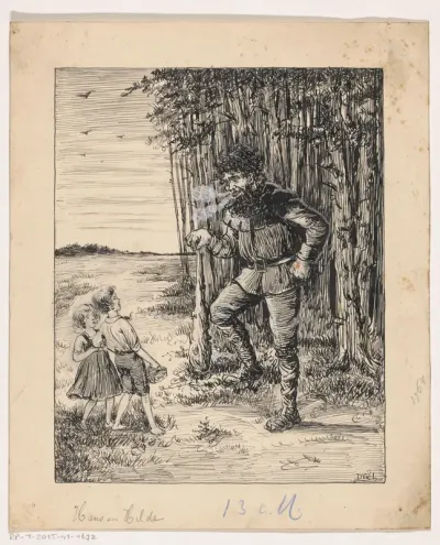 Man met knuppel aan de rand van een bos