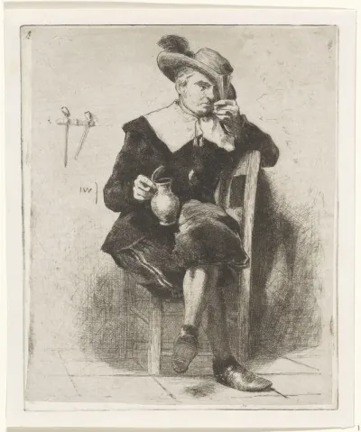 Man met kruik en glas op een stoel