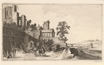 Man met kruiwagen buiten de stadsmuren