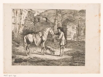 Man met paard en hond bij een vervallen poort