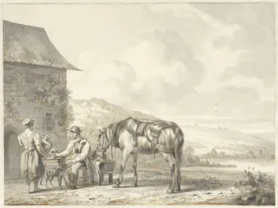 Man met paard, rustend bij een herberg