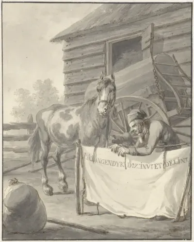Man met paard voor de stal