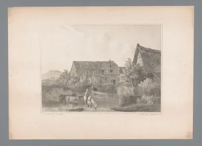 Man met paarden bij huizen aan het water