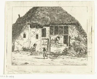 Man met pak op zijn rug voor een boerderij