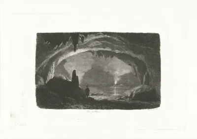 Man met roeiboot in de grotten van Han