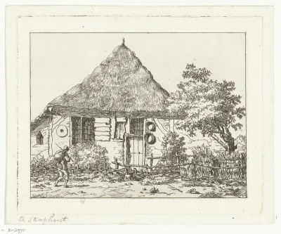 Man met rugzak voor een huis te Staphorst