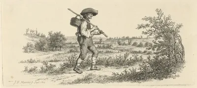 Man met stok en een mand in een landschap