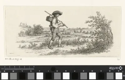 Man met stok en een mand in een landschap