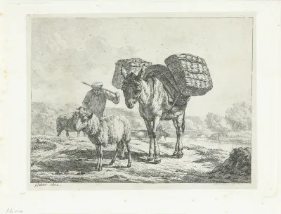 Man met twee schapen en een bepakte ezel
