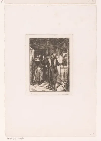 Man met voetboog in een interieur