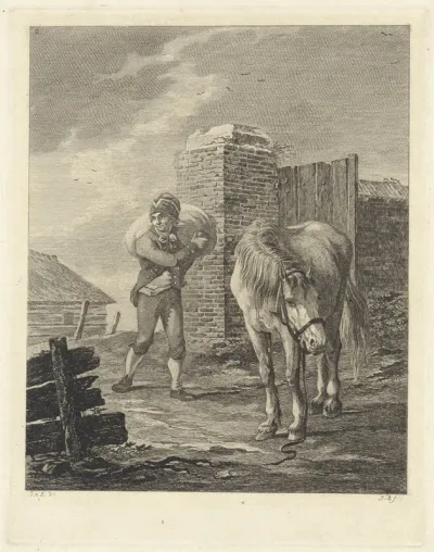 Man met zak op schouder bij ongezadeld paard