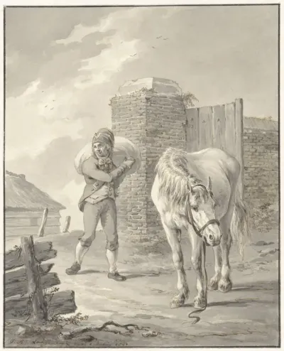 Man met zak op schouder bij ongezadeld paard