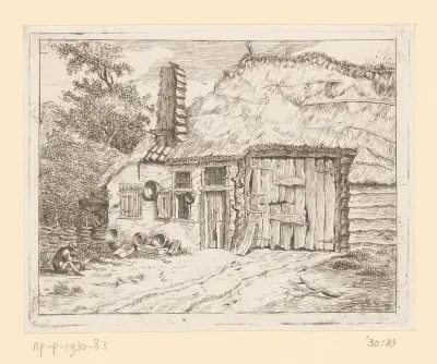 Man met zeis zit voor een boerderij te Staphorst