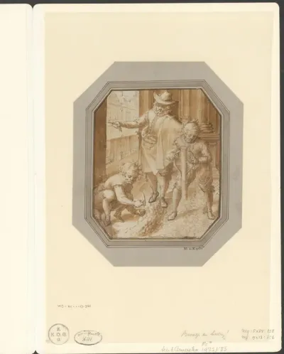 Man, mogelijk Hendrick de Keyser I, bekijkt het werk van twee stratenmakers