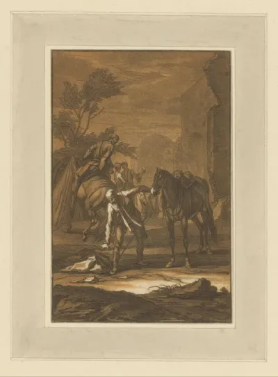 Man naast paard bukt om iets van de grond te pakken