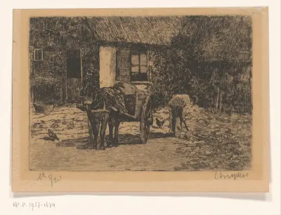 Man naast paard-en-wagen op boerenerf
