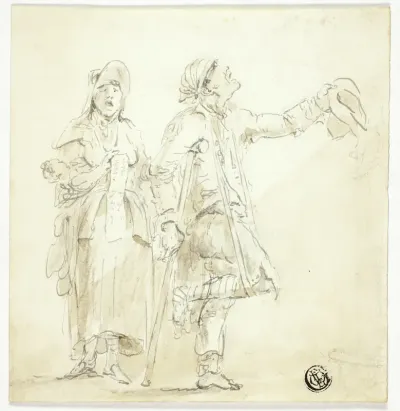 Man on Crutches Begging, with Woman Singing and Holding Baby
