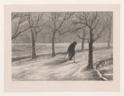 Man on Crutches in a Winter Landscape
