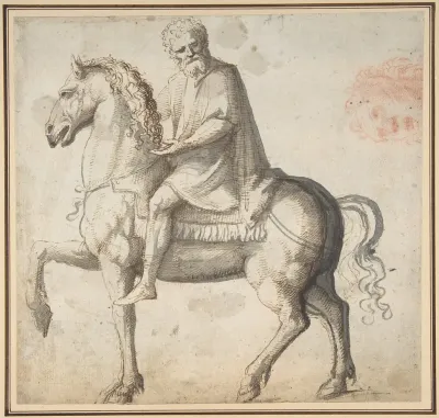 Man on Horseback, Study of a Man's Head (recto); Head of a Young Woman (verso)