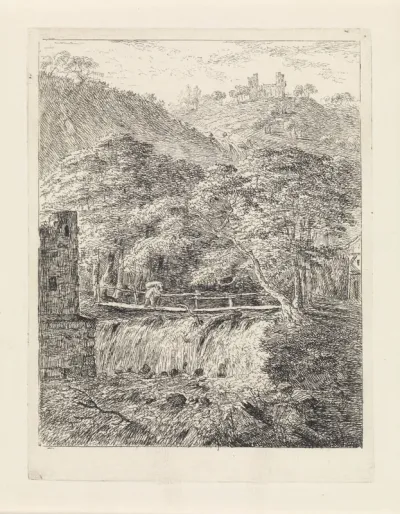 Man op een brug boven een waterval