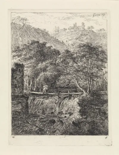 Man op een brug boven een waterval