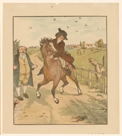 Man op een paard draait zich om naar een balkende ezel