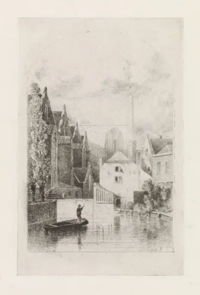 Man op een schuit in een gracht tussen huizen