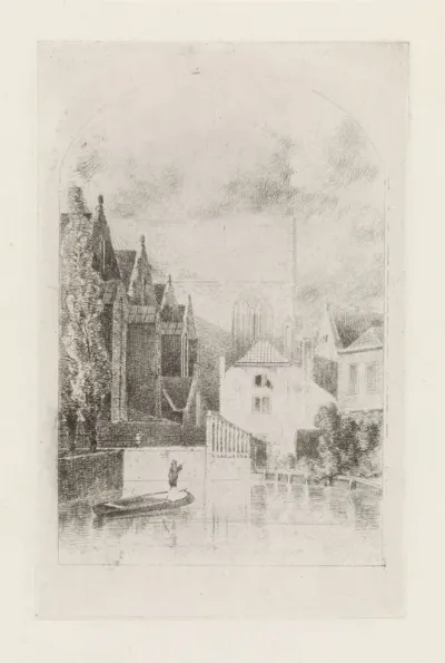 Man op een schuit in een gracht tussen huizen