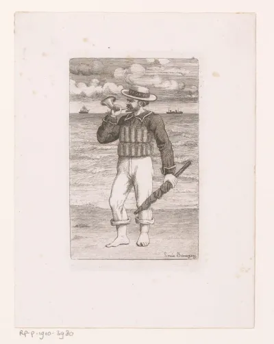 Man op het strand blaast op een hoorn