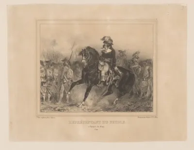 Man op paard met soldaten te voet