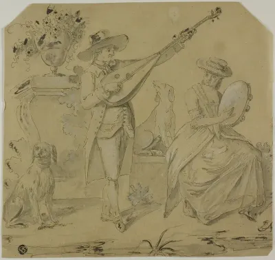 Man Playing Lute and Woman Playing Tamborine