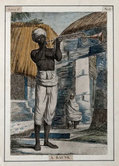 Man playing the baunk, a trumpet-like instrument, Calcutta, West Bengal